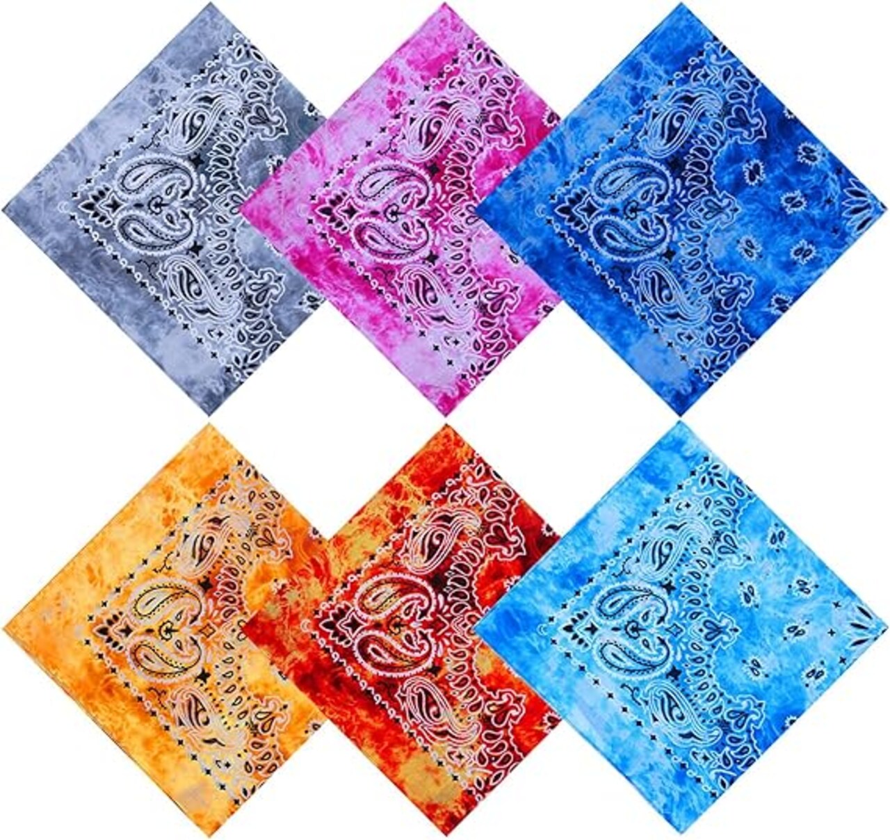 6 Pack 22 x 22 Inch Tie Dye Bandana Cotton Paisley Bandanas Headbands Cowboy Handkerchiefs for Men and Women